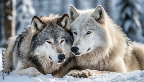 Harmony in Contrast: Black and White Wolves Embracing in Snowy Serenity"