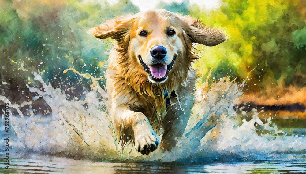 Joyful Romp: Golden Retriever Frolicking in Nature's Waters on a Sunny Day Joyful Romp: Golden Retriever Frolicking in Nature's Waters on a Sunny Day