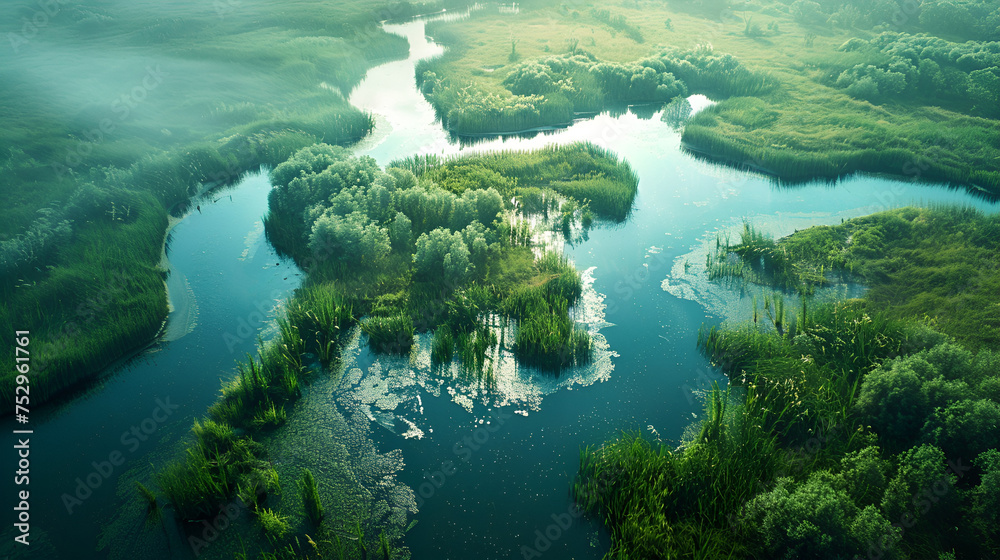 Aerial view of lush coastal wetlands. generative ai