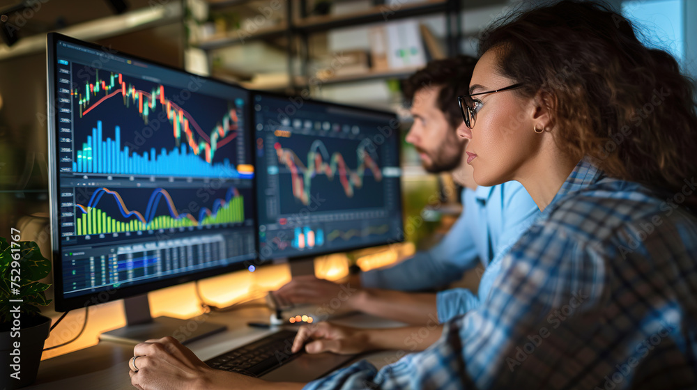 Two diverse crypto traders brokers stock exchange market investors discussing trading charts research reports growth using pc computer looking at screen analyzing invest strategy, financial risks. - obrazy, fototapety, plakaty 