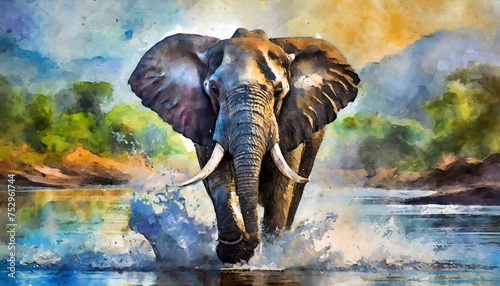 Majestic Encounters: African Elephant Racing Through the River on Safari"