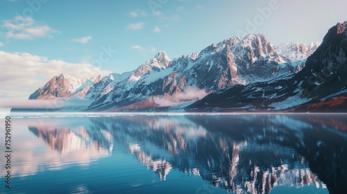 A snowy mountain peak reflecting in a serene lake under a cloudy sky in a New Zealand national park, capturing a panoramic winter morning view © in