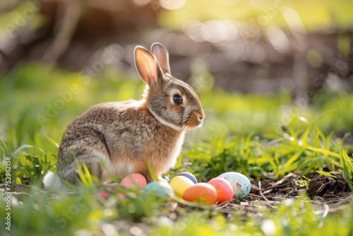 Colorful Easter Egg Basket Creative. Happy easter Garden bed bunny. 3d Easter Egg Hunt Contest hare rabbit illustration. Cute easter bell festive card Pastel ribbons copy space wallpaper backdrop