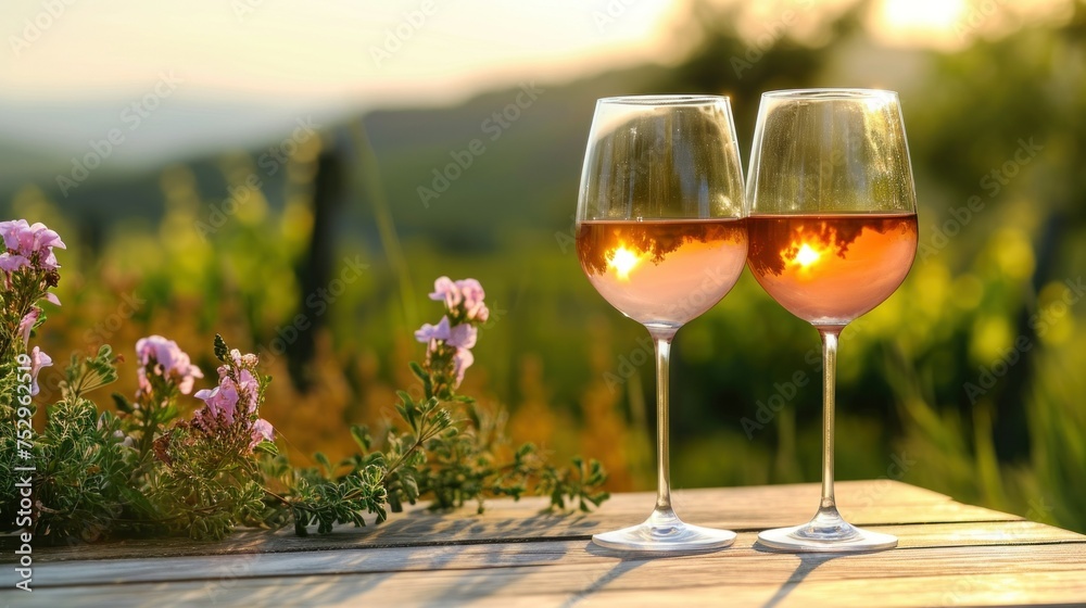 Obraz premium Two glasses of white wine and a wooden plate with cheese and nuts served outside at sunset