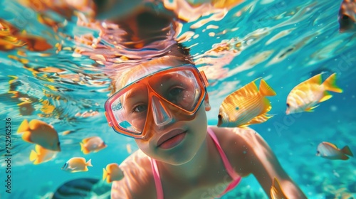 A woman and child in snorkeling gear enjoy swimming with fish in a clear blue ocean during a fun summer vacation