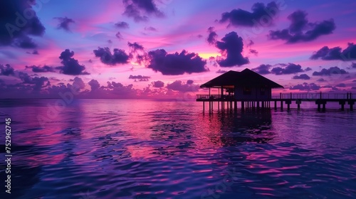 Sunset over the Maldives with a beach view, featuring ocean bungalows and a tropical resort