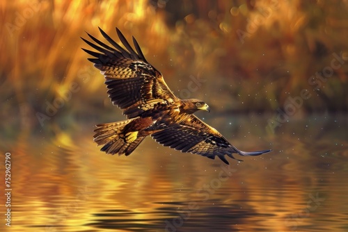 Eagle flying over water with wings spread wide, showcasing the beauty of wildlife in nature