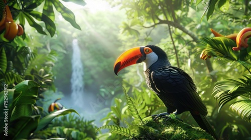 Toucan perched on a tree branch in the colorful Brazilian rainforest