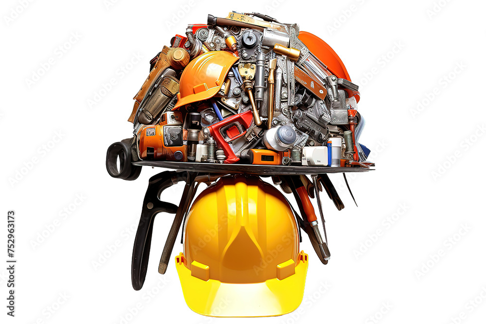 Construction Tools with orange hard hat. Assortment of work tools, 3D rendering isolated on a Transparent background. Generative AI