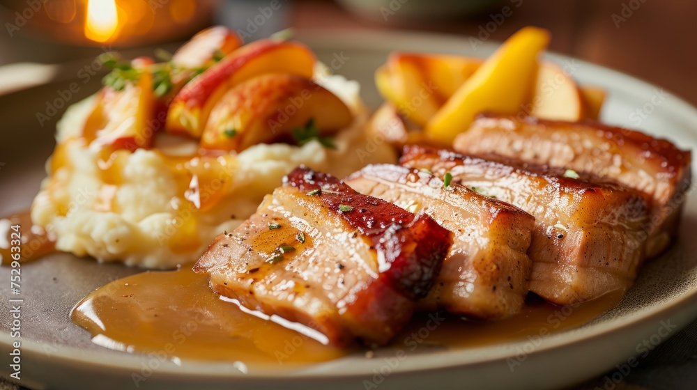 Tender Pork Belly Infused with Cider and Roasted Apples - obrazy, fototapety, plakaty 