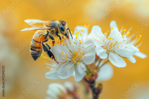 a bee pollinates a cherry flower, close-up, blurred background, yellow tones © kazakova0684
