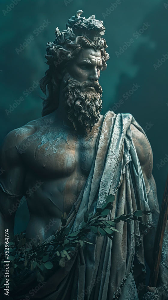 Poseidon's Serenity: A Digital Wallpaper of a Greek God Statue in Muted Colors on Dark Background in 8k Resolution created with Generative AI technology