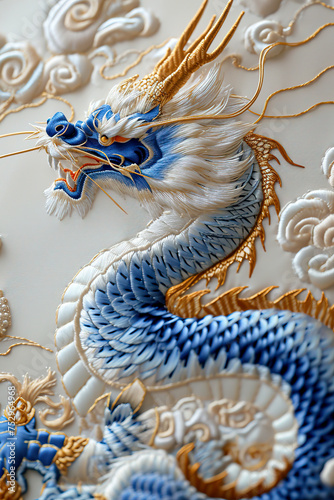 Blue and White Dragon Embroidery Design with Realistic Hyper-Detail in Light Beige and Gold Created with Generative AI Technology