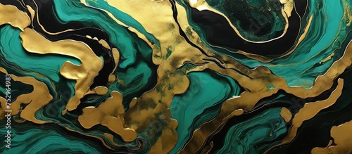 Background green gold abstract texture marble pattern liquid ink. Dark background, green gold, luxury stone, wallpaper, golden watercolor, foil, agate, black, art design, emerald color, liquid water, 