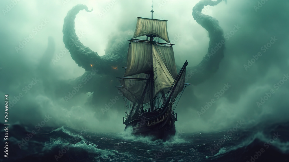 Whispers of the Deep: A Kraken's Assault on the Pirate Ship created with Generative AI technology - obrazy, fototapety, plakaty 