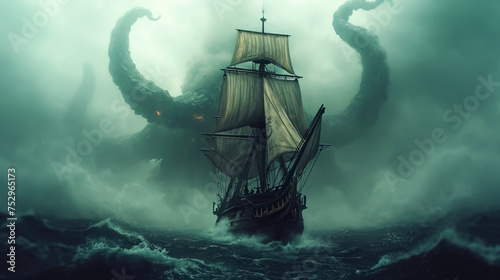 Whispers of the Deep: A Kraken's Assault on the Pirate Ship created with Generative AI technology