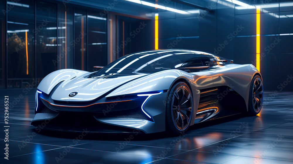Neon Drive: A Futuristic Journey Through Electric Car Technology and Blue Light Realism created with Generative AI technology