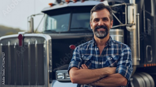 Happy confident male driver standing in front on his truck and looking at camera