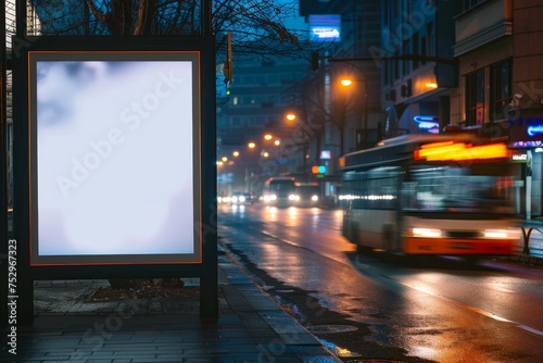 An empty advertisement frame stands out against the blur of city life during a rainy evening commute