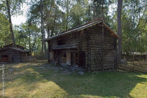 Old wooden granary with two floors.