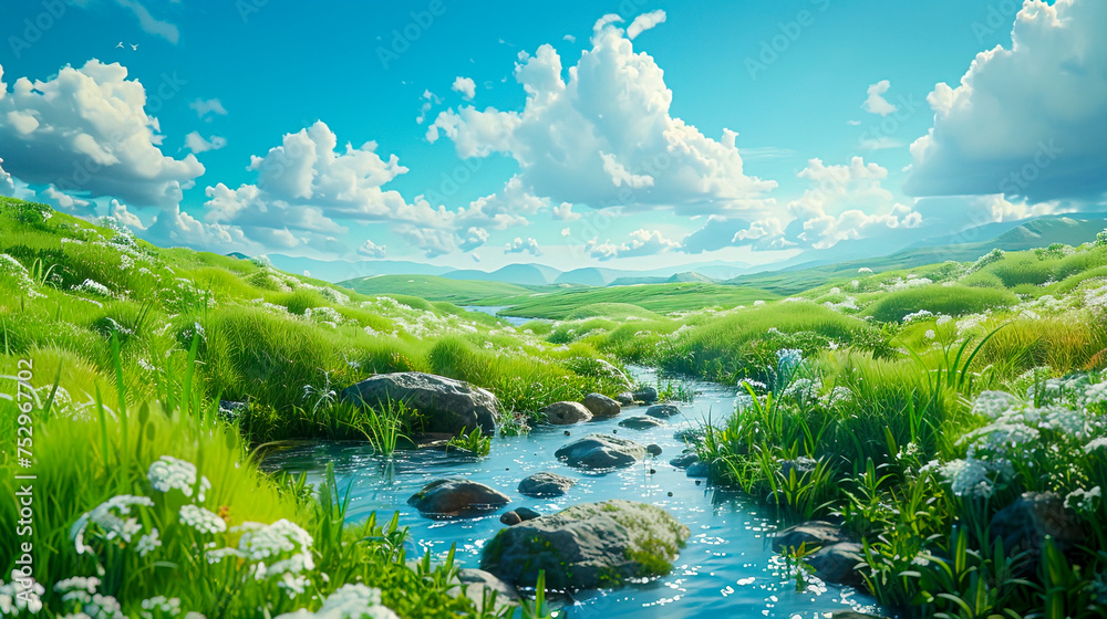 Rolling Hills: A Serene View of Lush Greenery and Cloudy Skies, Captured in Stunning Detail and Traditional Animation Style, Created with Generative AI Technology - obrazy, fototapety, plakaty 