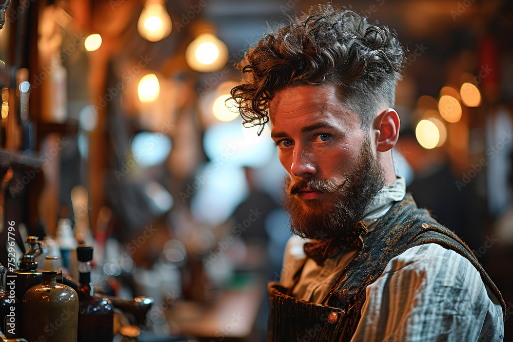 Portrait of barber at his workplace vintage style barbershop.