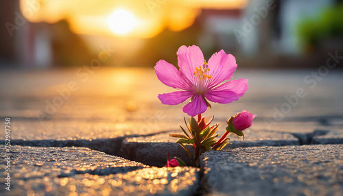 Close up, Pink flower growing on crack street sunset background © netsay