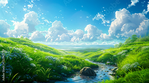Serenity in the Countryside: A Stunning View of Grassy Hills, Blue Skies, and Fluffy Clouds in High Detail Animation, created with Generative AI technology