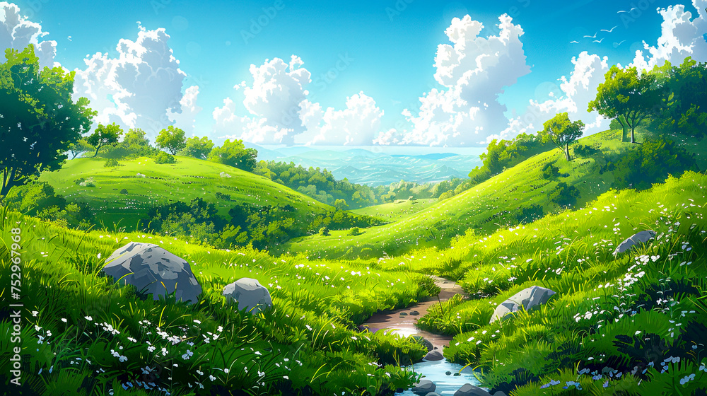 Rolling Hills and Fluffy Clouds: A Serene Landscape in Traditional Animation Style, Captured with High Detail and Sky Blue Hues, created with Generative AI technology
