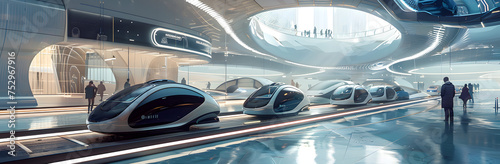 Futuristic transport hub with autonomous vehicles. Smart intelligent transportation.