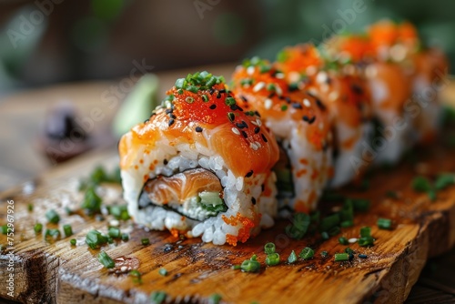 Sushi roll with salmon, avocado and cheese on a wooden board. Japanese Cuisine Concept with Copy Space. Oriental Cuisine Concept.