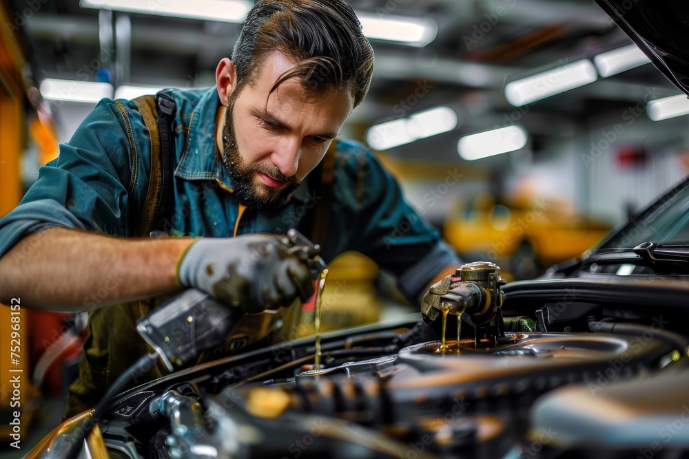 A focused mechanic in a workshop leans over to work diligently on a car engine, wearing protective gear A focused mechanic in a workshop leans over to work diligently on a car engine, wearing protective gear