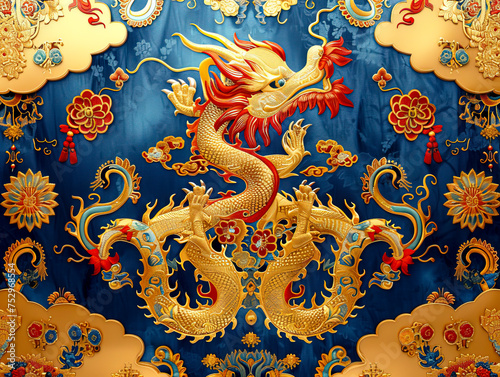 Elegant Fusion: Golden and Blue Chinese Loong Embroidery on Light Silk Fabric created with Generative AI technology