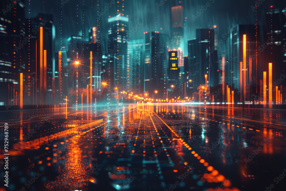 Cyberpunk cityscape with digital rain and neon lights