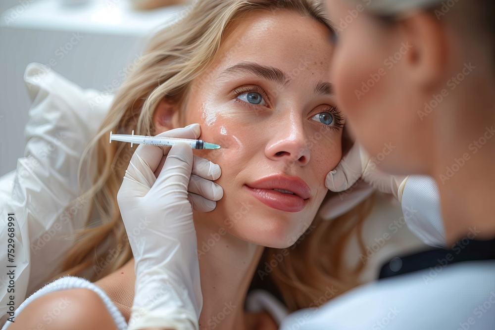 A healthcare practitioner appears to administer a facial injection to a woman, possibly for cosmetic purposes A healthcare practitioner appears to administer a facial injection to a woman, possibly for cosmetic purposes