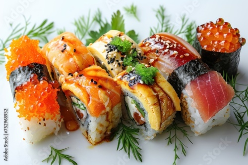 Sushi roll with salmon, tuna, eel and caviar. Japanese Cuisine Concept with Copy Space. Oriental Cuisine Concept.