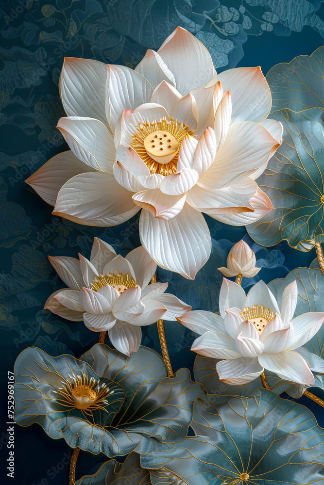 Luxurious White & Gold Lotus Flower Wallpaper: Exquisite 8K Design for Captivating Interiors. created with Generative AI technology