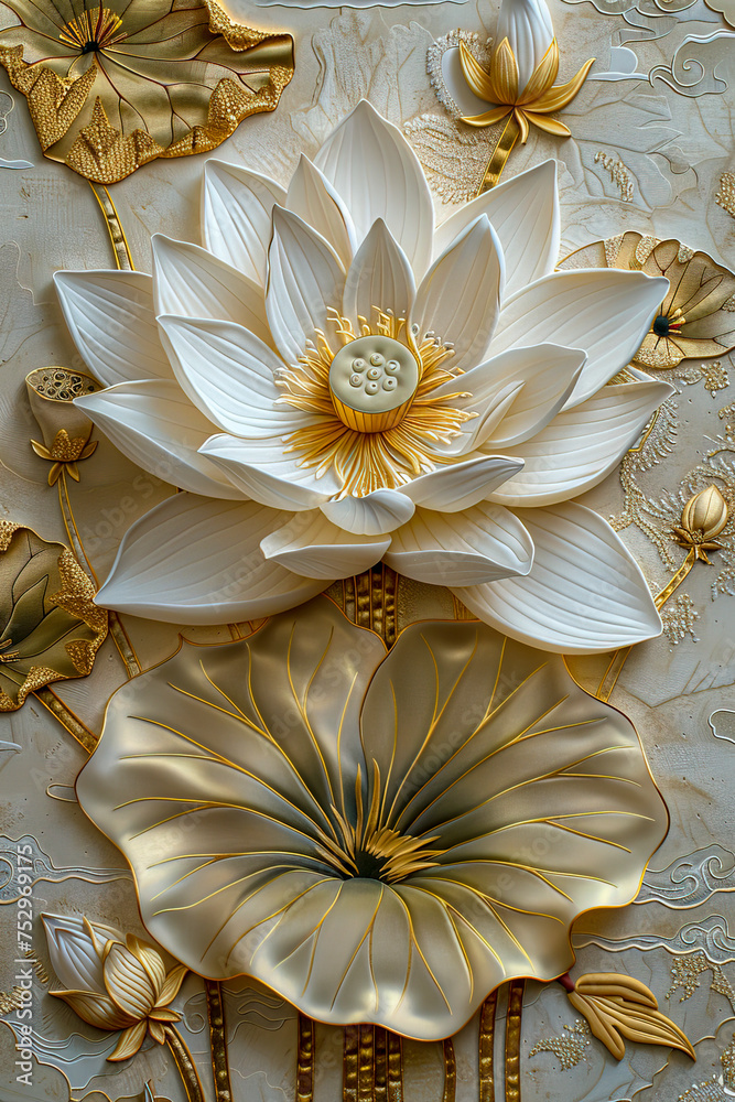 Elegant Lotus Flower Wallpaper: Exquisite 8K White & Gold Embroidered Design for Luxurious Interiors - Perfect for Captivating Spaces created with Generative AI technology