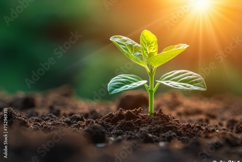 Young plant sprouting from soil with sun flare
