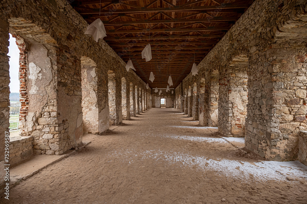 Interior of the old fortress. The walls are covered with stone. Krzyztopor, Poland