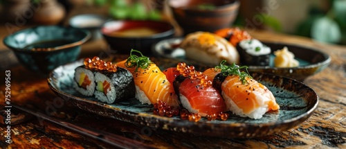 Sushi set with salmon, tuna, eel and caviar. Japanese Cuisine Concept with Copy Space. Oriental Cuisine Concept.