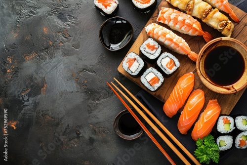 Sushi set on a black background, top view, copy space. Japanese Cuisine Concept with Copy Space. Oriental Cuisine Concept.