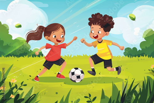 Illustration of Happy Boy and Girl Kicking Soccer Ball on the Field. Two School Kids Play a Football Game. Children in Joy Play Sports Together