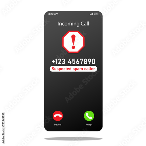 Spam caller interface mobile phone screen concept unwanted call warning Answer or decline an incoming call vector illustration