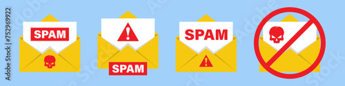 Set SPAM email vector icon. Advertising, phishing, distribution of malware through spam messages. Spam email message distribution, malware spreading virus