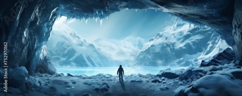 Ice cave paradise for ice climbing with moutaineer , winter landscape banner. Generative Ai. © annamaria