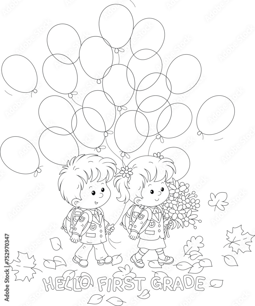 Happy little schoolchildren with holiday balloons and flowers going to school for start of classes, black and white outline vector illustration for a coloring book