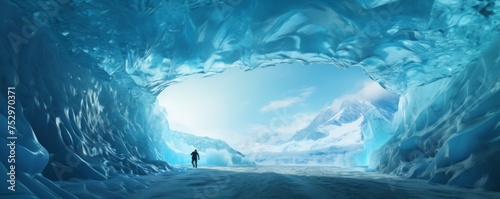 Ice cave paradise for ice climbing with moutaineer , winter landscape banner. Generative Ai. photo