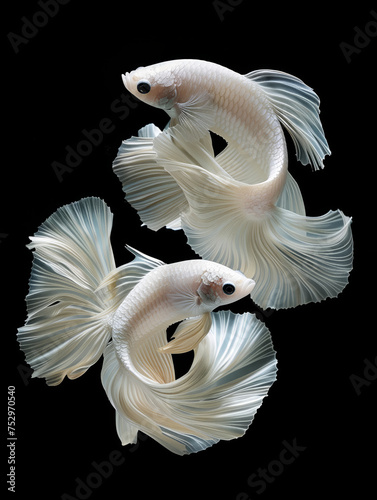 Beta fish turning around each other. White beta fish on black background turning around each other.