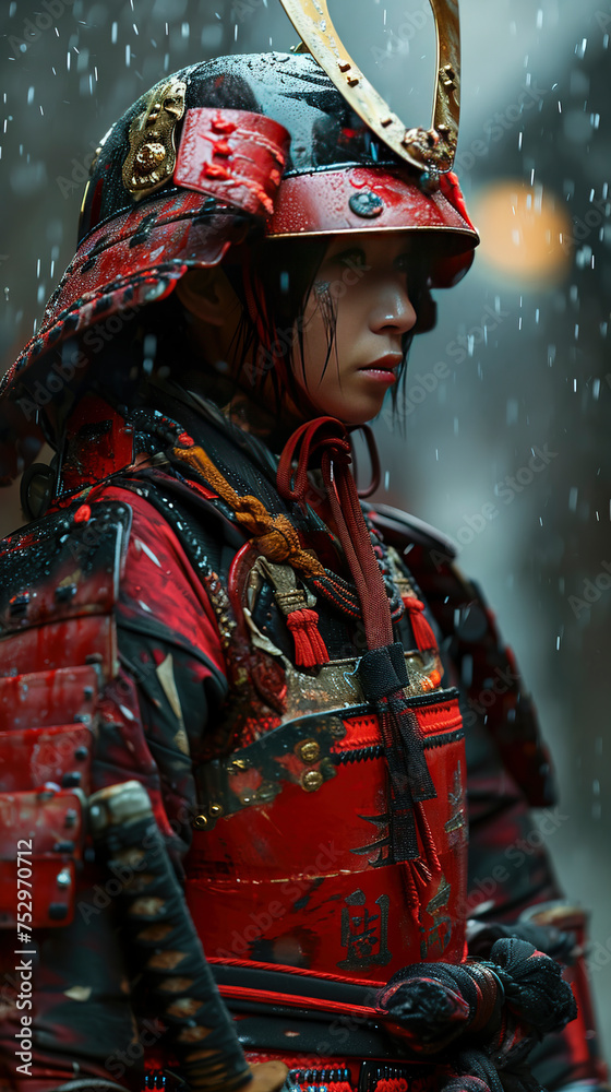 Crimson Resolve: Samurai's Steadfast Stance in the Rain created with Generative AI technology Crimson Resolve: Samurai's Steadfast Stance in the Rain created with Generative AI technology